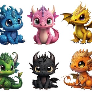 May include: Six cartoon baby dragons in various colours, including blue, pink, yellow, green, black, and orange. Each dragon has large eyes and a cute expression.