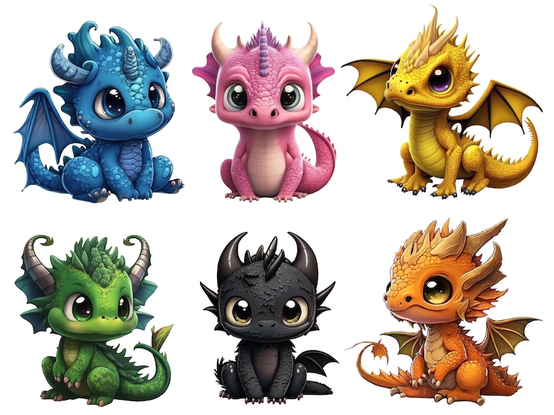 May include: Six cartoon baby dragons in various colours, including blue, pink, yellow, green, black, and orange. Each dragon has large eyes and a cute expression.