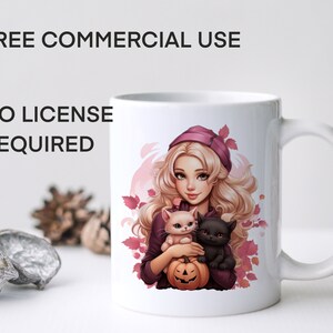 May include: White ceramic mug with a colorful illustration of a woman with blonde hair and a pink hat holding two cats and a jack-o-lantern. The text "FREE COMMERCIAL USE NO LICENSE REQUIRED" is printed above the illustration.