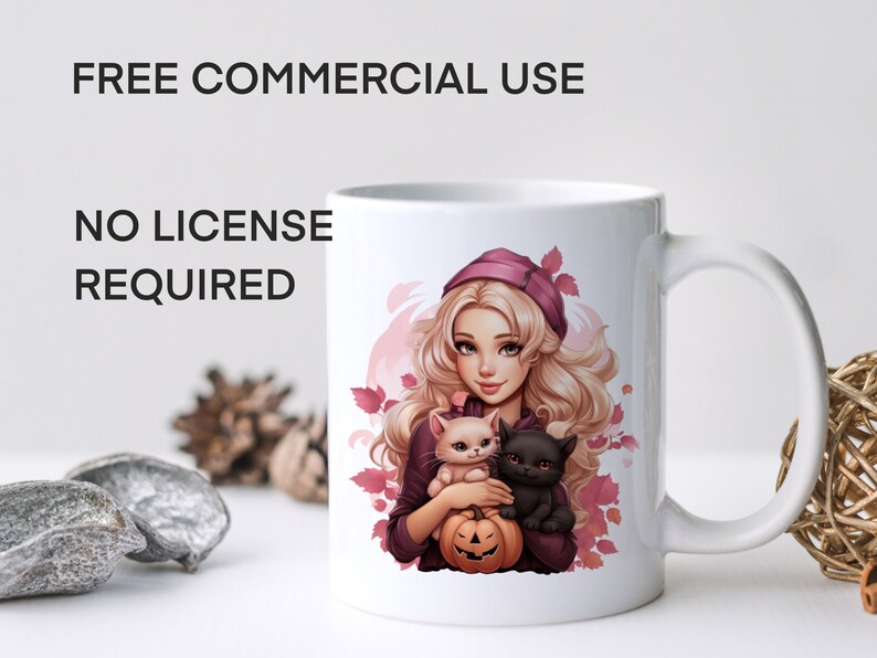 May include: White ceramic mug with a colorful illustration of a woman with blonde hair and a pink hat holding two cats and a jack-o-lantern. The text "FREE COMMERCIAL USE NO LICENSE REQUIRED" is printed above the illustration.