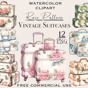 Pacote de mala vintage com padrão rosa png, mala pastel png, clipart em aquarela, bagagem vintage png, folha de colagem de clipart em aquarela png