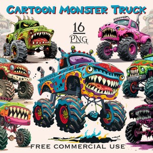 Cartoon monstertruck png-bundel, grappige horror monstertruck clipart, mutant grote auto clipart, digitale downloads, gratis commercieel gebruik png