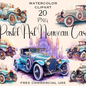 Pastel art nouveau auto clipart, retro en klassieke auto's png-bundel, art deco autoliefhebber afbeeldingen voor collage, scrapbooking enz., gratis commercieel gebruik