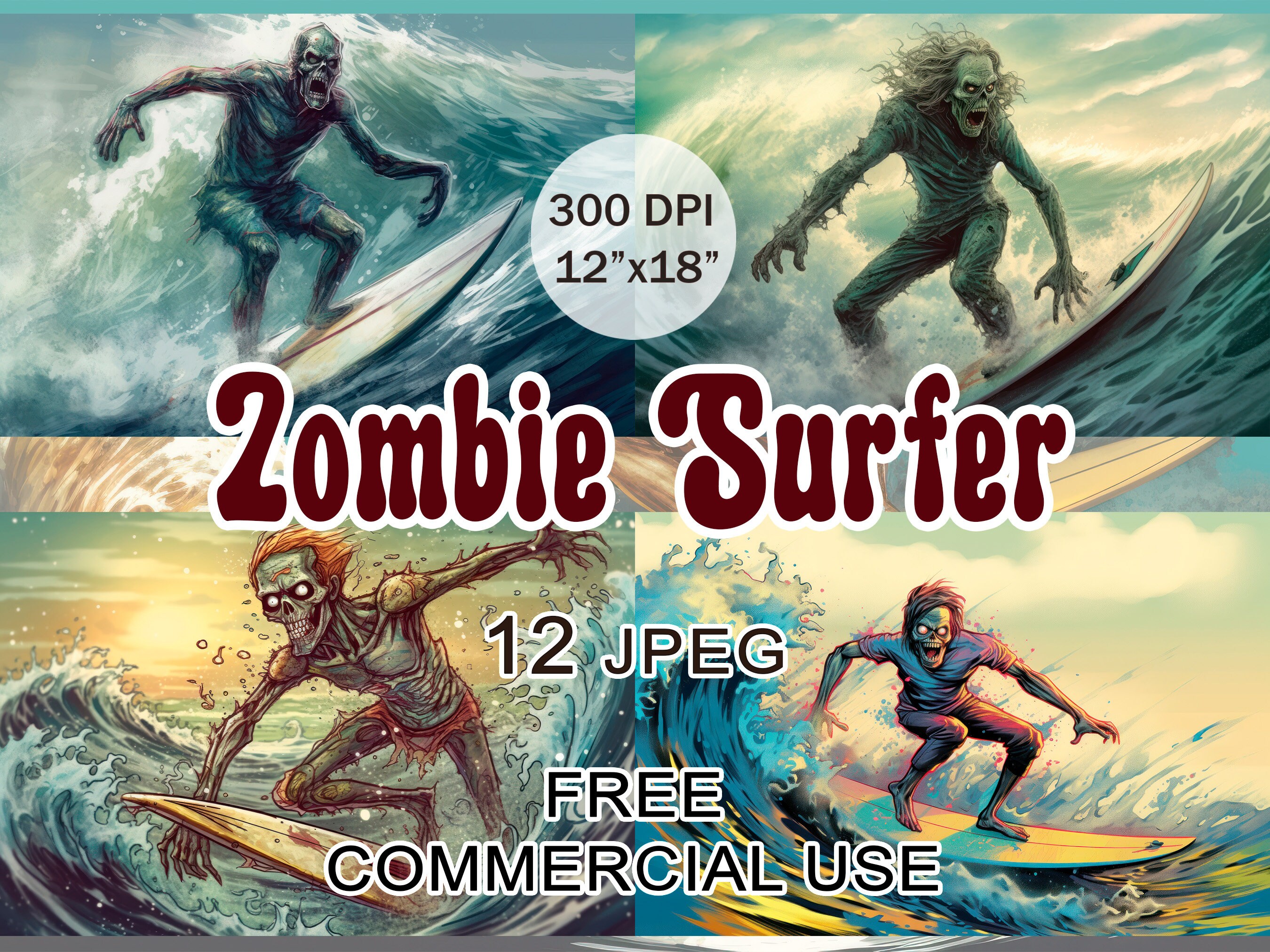 Zombie Surfer Clipart Funny Halloween Zombies Images Scary Etsy