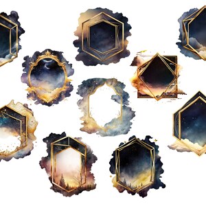 Puede incluir: Diez ilustraciones de acuarela de marcos geom&eacute;tricos dorados con un fondo de cielo nocturno estrellado. Los marcos son de varias formas, incluyendo hex&aacute;gonos, cuadrados y c&iacute;rculos. Los marcos son perfectos para agregar un toque de elegancia a cualquier proyecto.