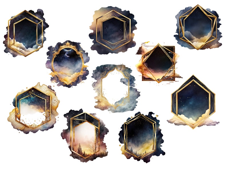 Puede incluir: Diez ilustraciones de acuarela de marcos geom&eacute;tricos dorados con un fondo de cielo nocturno estrellado. Los marcos son de varias formas, incluyendo hex&aacute;gonos, cuadrados y c&iacute;rculos. Los marcos son perfectos para agregar un toque de elegancia a cualquier proyecto.