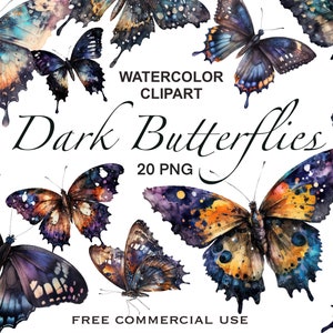 Dark watercolor butterfly clipart,  Free commercial use