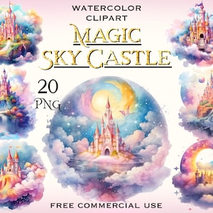 Rainbow sky castle clipart, Magic Celestial Fantasy png-afbeeldingen, kleurrijke pastel wolken nachtelijke hemel kunstbundel, gratis commercieel gebruik
