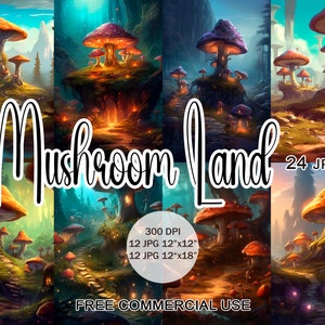 Clipart de casas de fadas de cogumelos, clipart de cogumelo mágico, clipart de paisagem de conto de fadas, arte de floresta encantada, clipart de floresta de fadas mágica,