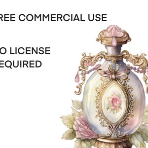 May include: A vintage-style perfume bottle with a gold and white design and a pink rose in the center. The bottle is surrounded by green leaves and pink flowers. The text "FREE COMMERCIAL USE NO LICENSE REQUIRED" is visible in the background.