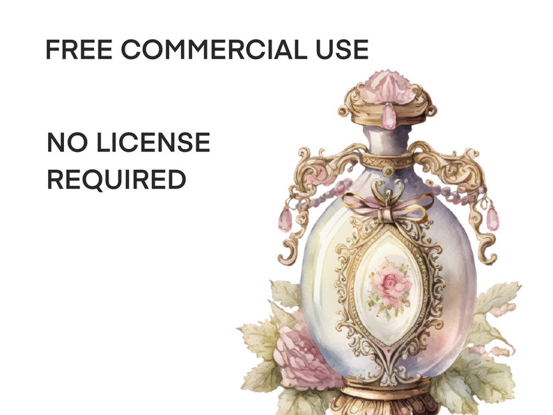 May include: A vintage-style perfume bottle with a gold and white design and a pink rose in the center. The bottle is surrounded by green leaves and pink flowers. The text "FREE COMMERCIAL USE NO LICENSE REQUIRED" is visible in the background.
