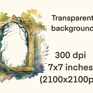 May include: Watercolor illustration of a golden archway entwined with tree branches and foliage. The image has a transparent background and is 7x7 inches (2100x2100px) at 300 dpi. The archway is surrounded by green and gold accents.