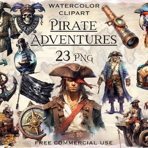Piraten avontuur clipart, aquarel piraten bundel png-afbeeldingen, piraten portret accessoires schat vlag artwork pack, gratis commercieel gebruik