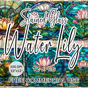 Clipart di ninfee in vetro colorato, Clipart di ninfee in stile Art Nouveau, Clipart di fiori in vetro colorato, Arte di fiori di loto, Opera d'arte di uno stagno di ninfee