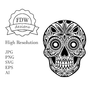 Sugar Skull SVG, Day of the dead Vector Design Mexican SVG, PNG Digital Downloads, Laser engraving svg, Black Stencil Line Art Human Skull