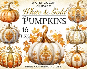 White and Gold pumpkin png, Watercolor fall clipart bundle, Autumn holiday floral digital artwork for design & collage, Free commercial use