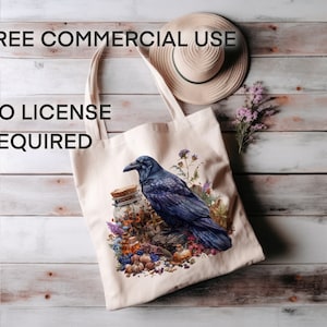 May include: A white tote bag with a black raven, a glass jar filled with dried flowers, and other botanical elements. The text "FREE COMMERCIAL USE NO LICENSE REQUIRED" is printed on the bag.