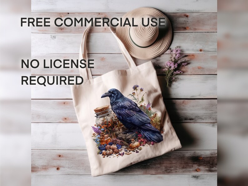 May include: A white tote bag with a black raven, a glass jar filled with dried flowers, and other botanical elements. The text "FREE COMMERCIAL USE NO LICENSE REQUIRED" is printed on the bag.