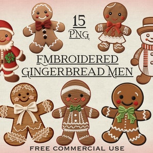 以下が含まれることがあります： さまざまなポーズをとった刺繍されたジンジャーブレッドマンとジンジャーブレッドウーマンのセット。サンタクロース、雪だるま、ジンジャーブレッドのカップルなどがあります。ジンジャーブレッドマンは、白いアイシングと赤、緑、白の装飾が施された茶色です。画像の下に黒い文字で「Embroidered Gingerbread Men」と書いてあります。