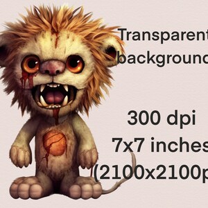Peut inclure: Illustration num&eacute;rique d'un lion de dessin anim&eacute; avec un sourire sanglant et plein de dents. Le lion est debout sur un fond transparent. L'image mesure 7x7 pouces et 300 dpi.