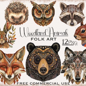 Folk Woodland Animals PNG-bundel, tribale dierenportretkunst, natuurgeestkunst, spirituele dierenillustratiepakket, wilde dieren clipart