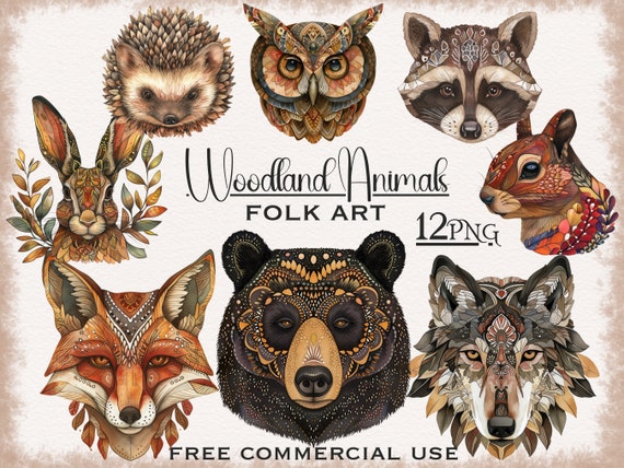 Folk Woodland Animals PNG Bundle, Tribal animal portrait art, Nature spirit art, Spiritual animal illustration pack, Wild animal clipart