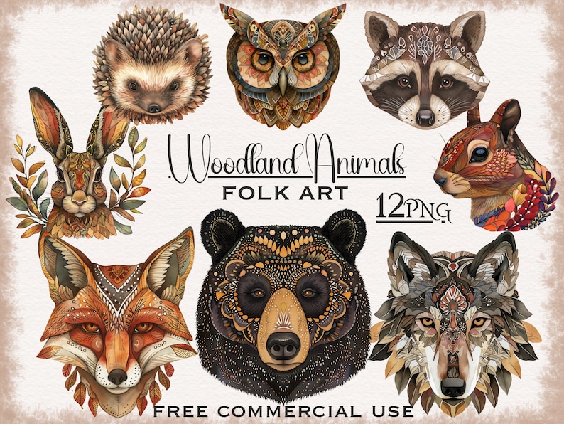 May include: A set of 12 digital illustrations of woodland animals in a folk art style. The animals include a fox, wolf, bear, owl, squirrel, rabbit, and hedgehog. Each animal is depicted with intricate patterns and details.