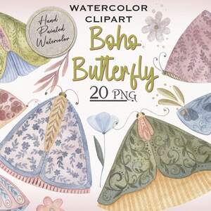 Aquarell Schmetterling Clipart, Blumen Schmetterlingsflügel, Boho Schmetterling PNG, handgemalte Aquarell Blumen & Motte PNG, Frühlings Blumen Clipart
