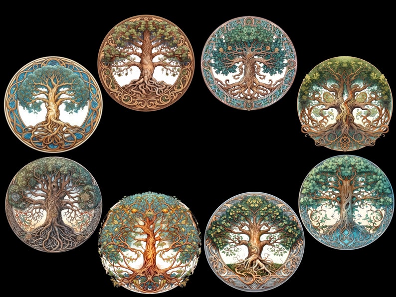 Puede incluir: Ocho ilustraciones circulares de &aacute;rboles estilizados con ra&iacute;ces y ramas intrincadas. Cada &aacute;rbol est&aacute; rodeado por un borde decorativo y tiene un esquema de color diferente, que incluye tonos de verde, marr&oacute;n y azul.