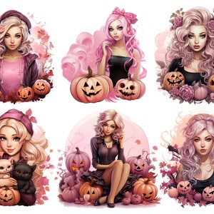 May include: Six digital illustrations of women with pink hair and black clothing. Each woman is surrounded by pink and white flowers, leaves, and pumpkins. The pumpkins are orange with black jack-o'-lantern faces.
