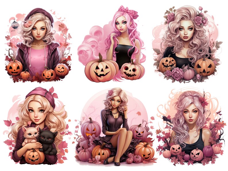May include: Six digital illustrations of women with pink hair and black clothing. Each woman is surrounded by pink and white flowers, leaves, and pumpkins. The pumpkins are orange with black jack-o'-lantern faces.
