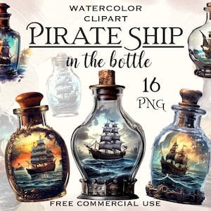 Clipart bateau pirate dans une bouteille, ensemble d'images png de voiliers, pack d'oeuvres d'art nautiques pirates pour la conception et le collage, usage commercial gratuit