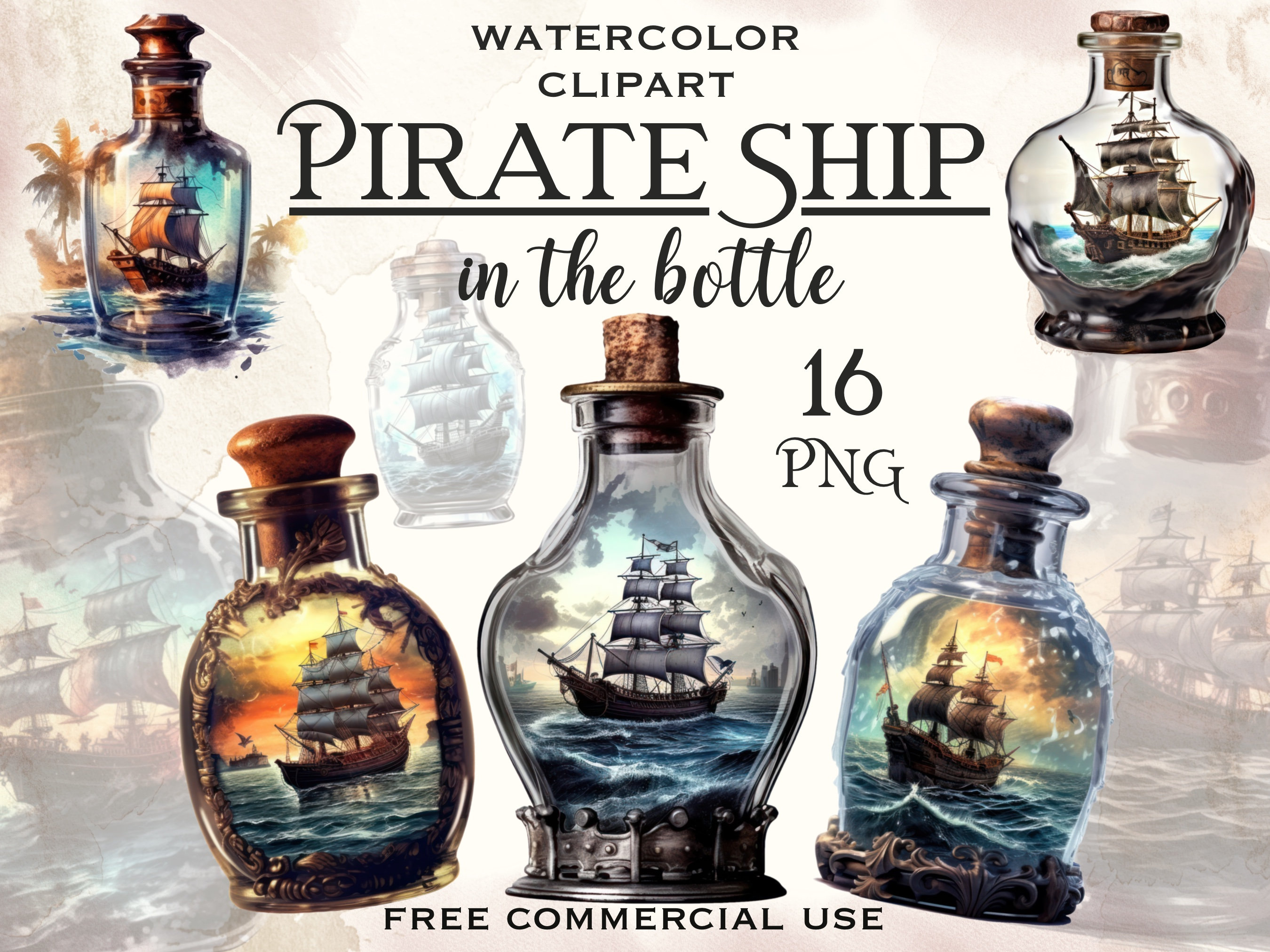 Pirate ship in a bottle clipart, Sailing ships png images bundle, Pirates nautical artwork pack for design and collage, Free commercial use