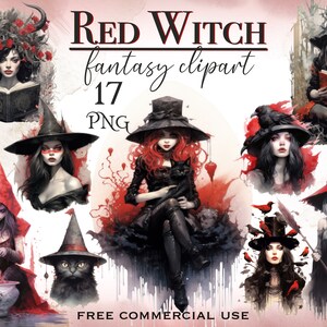 Clipart de sorcière rouge, lot de png de magie pratique, pack d'images de sorcellerie rouge et noir, lot de portraits de sorcières d'Halloween, usage commercial gratuit