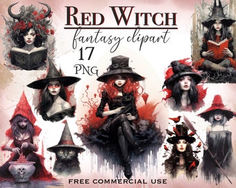 Red witch clipart, Practical magic png bundle, Red & black witchcraft images pack, Halloween Witches portraits bundle, Free commercial use