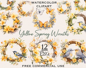Gul blomkrans PNG-paket, akvarell vår clipart, gula blommor png, akvarell blomma clipart, vår png, blommig clipart