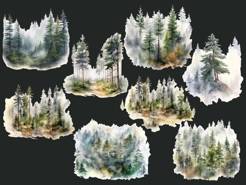 Peut inclure: Illustrations &agrave; l'aquarelle de diff&eacute;rentes sc&egrave;nes de for&ecirc;t avec de grands pins, une v&eacute;g&eacute;tation luxuriante et une atmosph&egrave;re brumeuse. Les illustrations sont peintes dans des tons de vert, de bleu et de brun, cr&eacute;ant une ambiance sereine et tranquille.