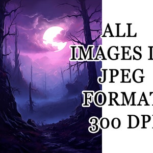 May include: A purple and blue landscape with a full moon in the sky. The landscape is covered in fog and has tall, thin trees.
