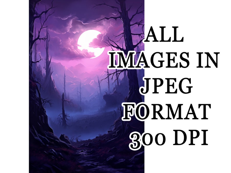 May include: A purple and blue landscape with a full moon in the sky. The landscape is covered in fog and has tall, thin trees.