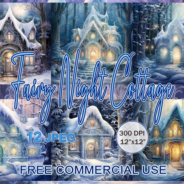 Fairy Night cottage bundle, Fairy house clipart, Fairytale Christmas eve art, Snow woods cottagecore clipart, Winter forest landscape art