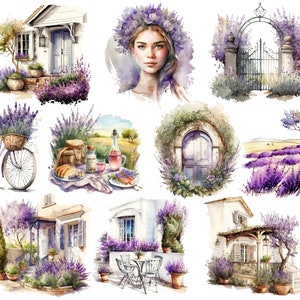 Pu&ograve; includere: Un'illustrazione ad acquerello di un campo di lavanda con una casa bianca, una bicicletta, una donna con una ghirlanda di lavanda, un cancello e una scena da picnic. L'illustrazione &egrave; in stile vintage e presenta una variet&agrave; di piante e fiori di lavanda.