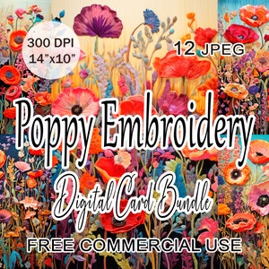 Clipart broderie pavot, fausses cartes imprimables broderie, motif de broderie florale, clipart fleurs sauvages, art de broderie prairie de fleurs sauvages