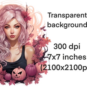 May include: A digital illustration of a woman with pink hair and a black tank top surrounded by autumn leaves and jack-o'-lantern pumpkins.  The background is transparent.
