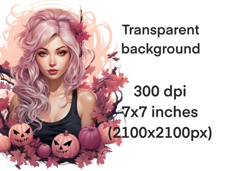 May include: A digital illustration of a woman with pink hair and a black tank top surrounded by autumn leaves and jack-o'-lantern pumpkins.  The background is transparent.