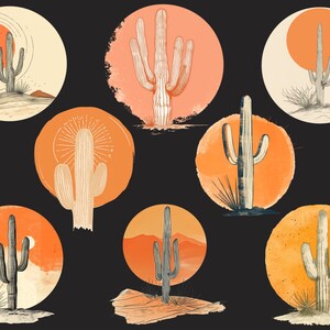 May include: Nine illustrations of cacti in a desert landscape with a sunset or sunrise in the background. The cacti are drawn in a minimalist style with a focus on the silhouette of the plant. The illustrations are set against a black background.