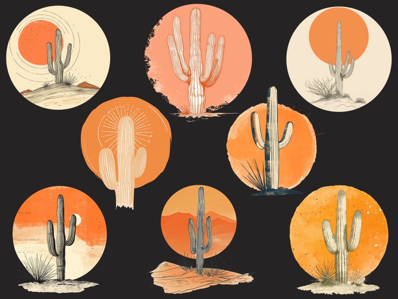 May include: Nine illustrations of cacti in a desert landscape with a sunset or sunrise in the background. The cacti are drawn in a minimalist style with a focus on the silhouette of the plant. The illustrations are set against a black background.