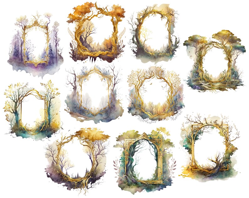 May include: A collection of watercolor illustrations featuring ornate, golden frames intertwined with tree branches and foliage. Each frame has a unique shape and is surrounded by a soft, blurred background of forest scenes in shades of purple, green, and gold.