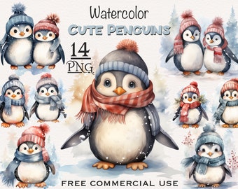 Pode incluir: Ilustração de aquarela de 14 pinguins fofinhos usando cachecóis e chapéus. Os pinguins estão em várias poses e são colocados em um fundo nevado. O texto "Watercolor Cute Penguins 14 PNG Free Commercial Use" está na parte superior da imagem.