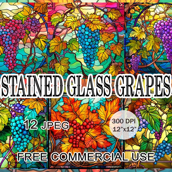 Grape vine stained glass clipart, Digital grapes art bundle, Grapevine clipart, Grape clipart, Stain glass pattern, Botanical fruits clipart