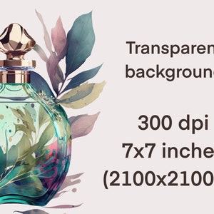 May include: A teal blue glass perfume bottle with a gold cap and a floral design. The bottle is surrounded by watercolor-style leaves and flowers.
